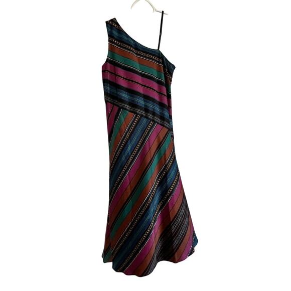 Maggy London One-Shoulder Midi Dress Sz 4 – Striped Colorful Cocktail Dress NWOT - Picture 2 of 10